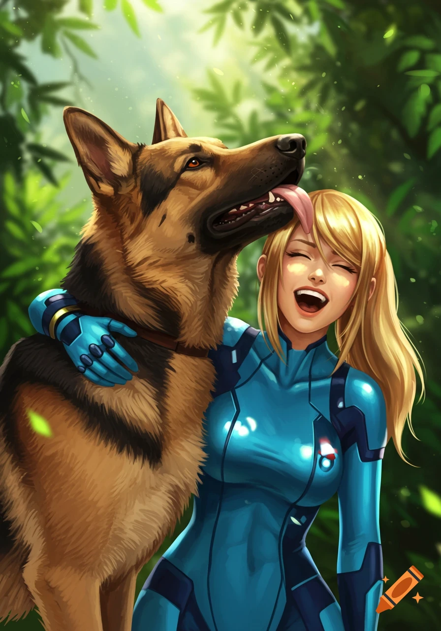 A German Shepherd licks Zero Suit Samus's face as she laughs, hugging the dog in a lush green forest, digital art.