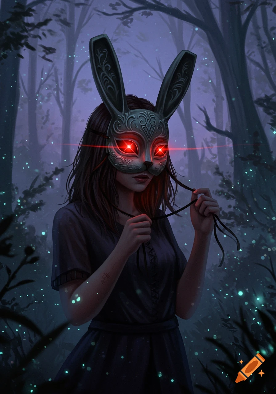 A woman in a dark, glowing forest removing an ornate bunny mask with glowing red eyes.