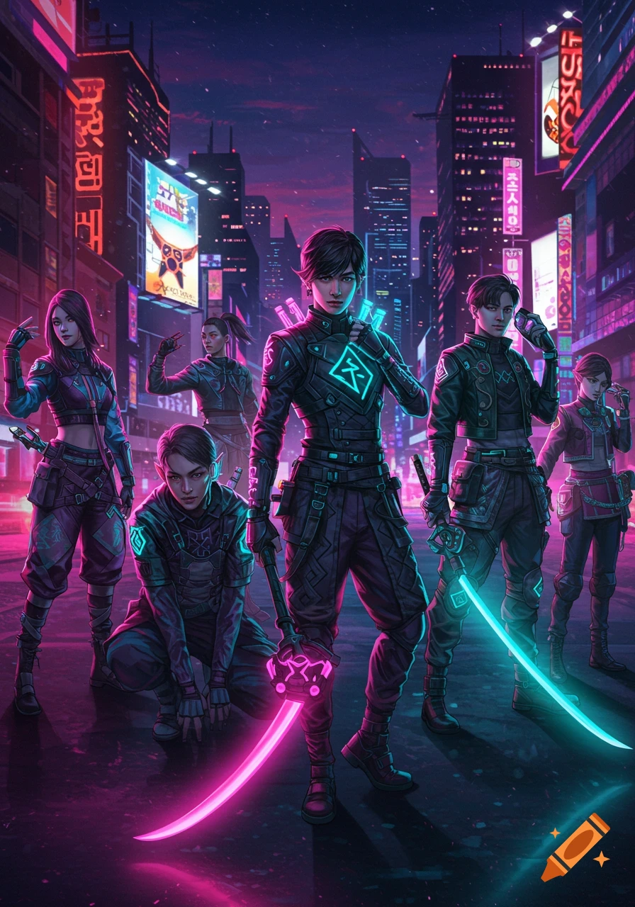 Six cyberpunk K-pop characters with glowing pink and blue swords in a neon-lit city at night.