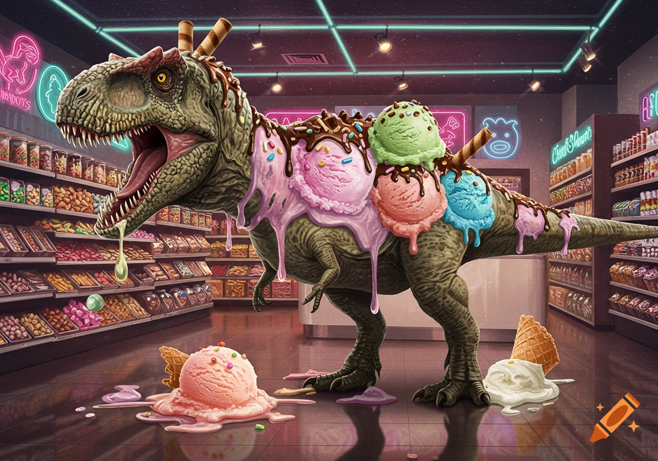 A massive Giganotosaurus dinosaur covered in melting scoops of ice cream and chocolate sauce, standing in the aisle of a brightly lit convenience store.