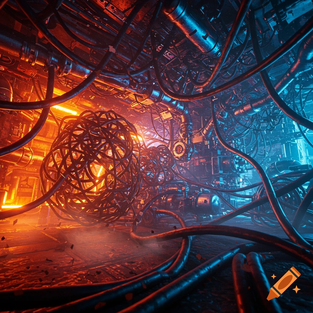 A dense, glowing tangle of wires and pipes, illuminated in vibrant red and blue light, creating an abstract industrial scene.