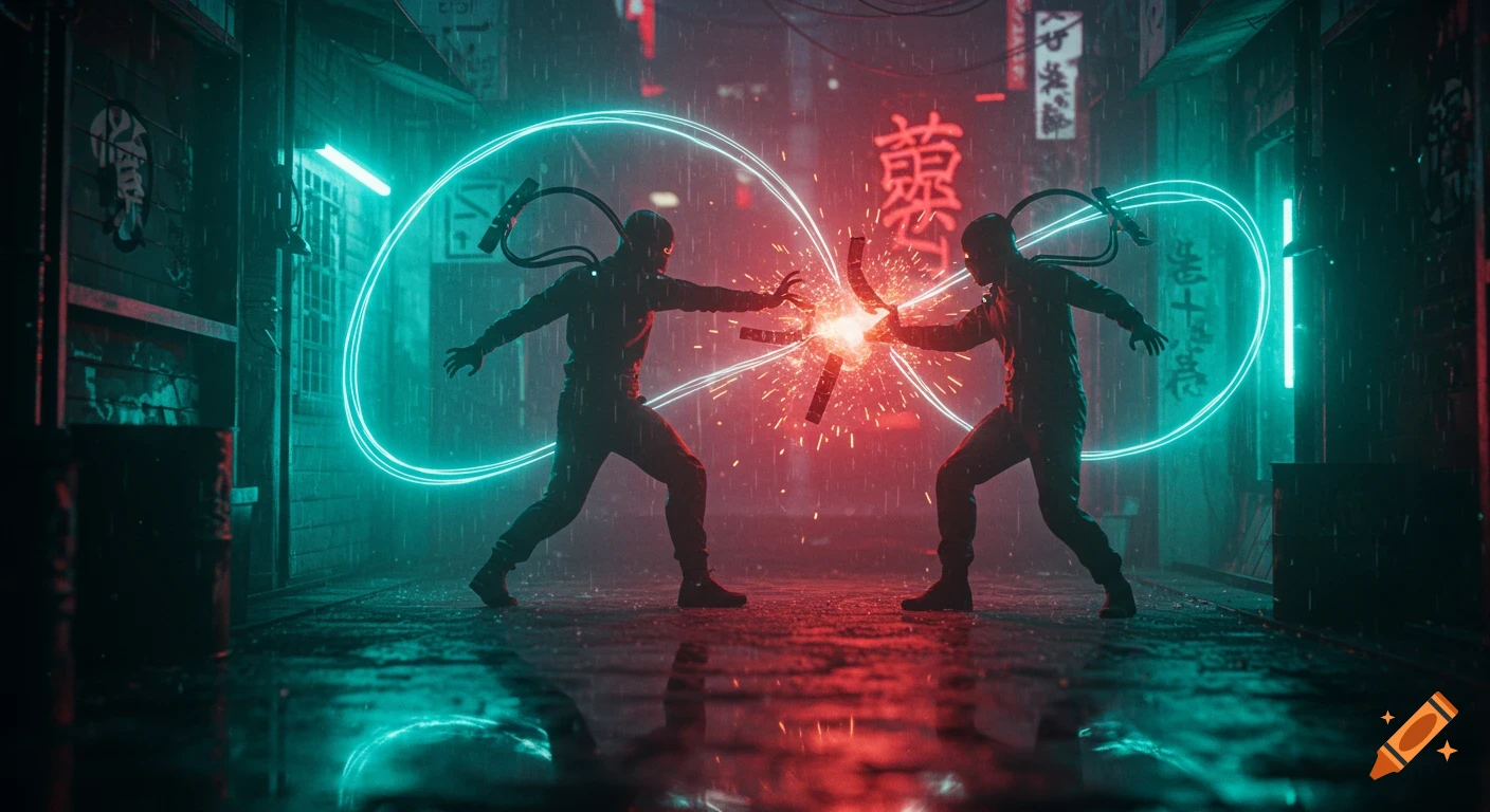 Two shadowy figures with glowing eyes clash with energy in a neon-lit, rain-slicked cyberpunk alley. Teal and crimson light.