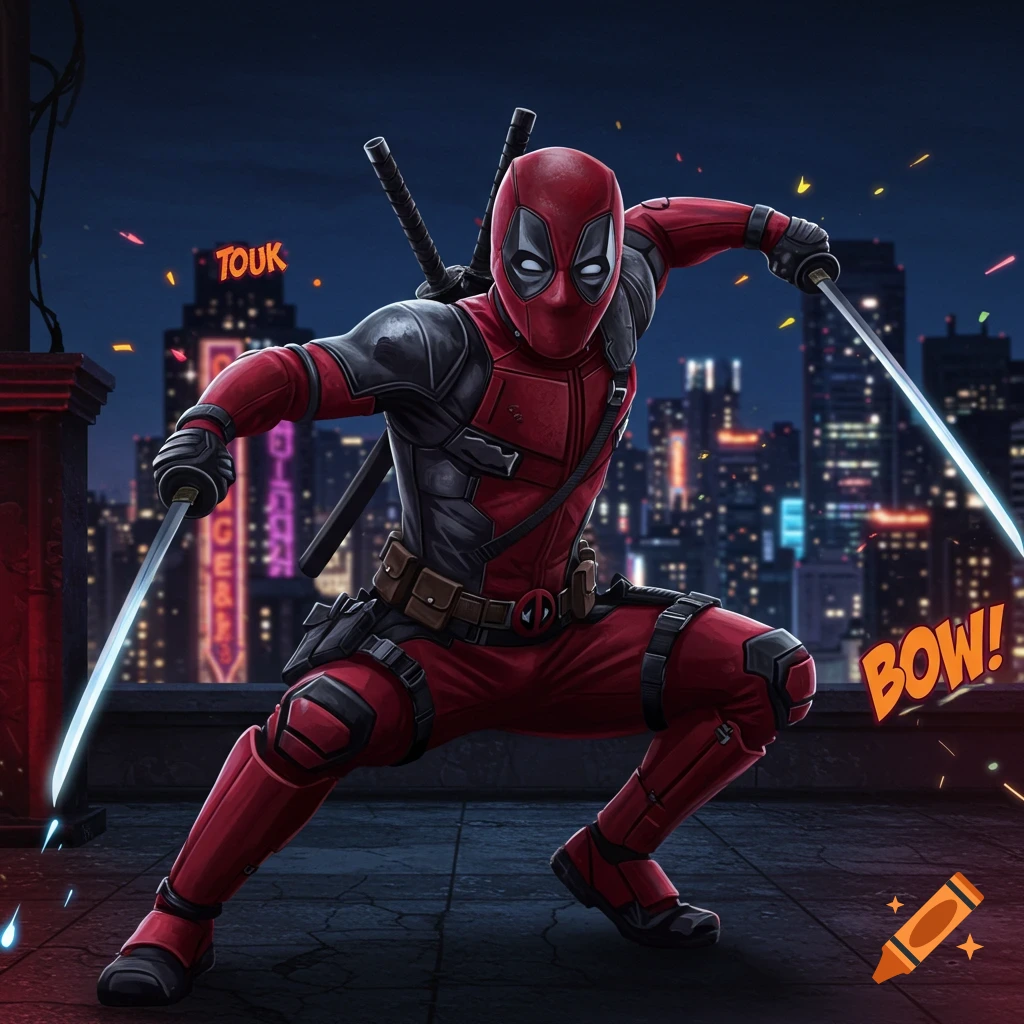 Deadpool with sword in front of a mechanical kraban with comic smoke trail  on Craiyon
