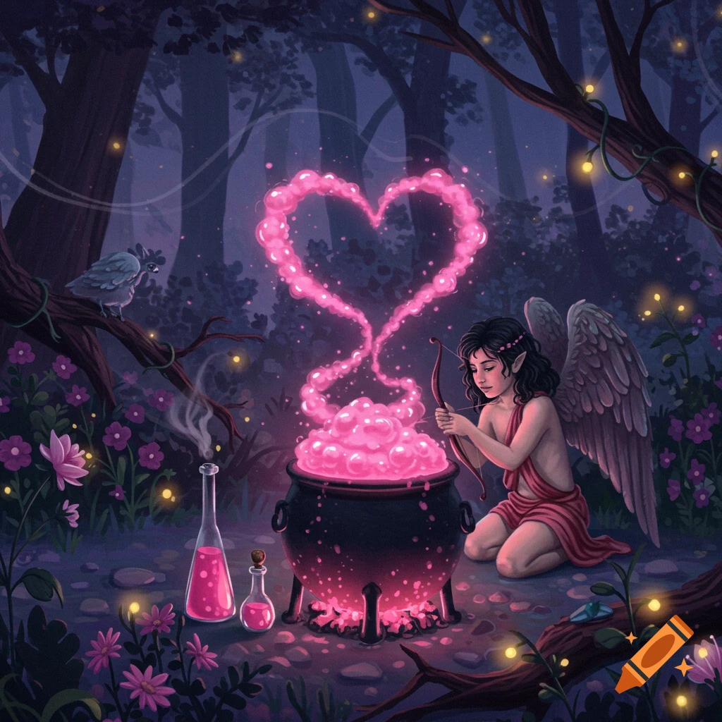 A dark-haired Cupid-like figure in an enchanted forest making pink love potions in a glowing cauldron, with a heart-shaped smoke trail.