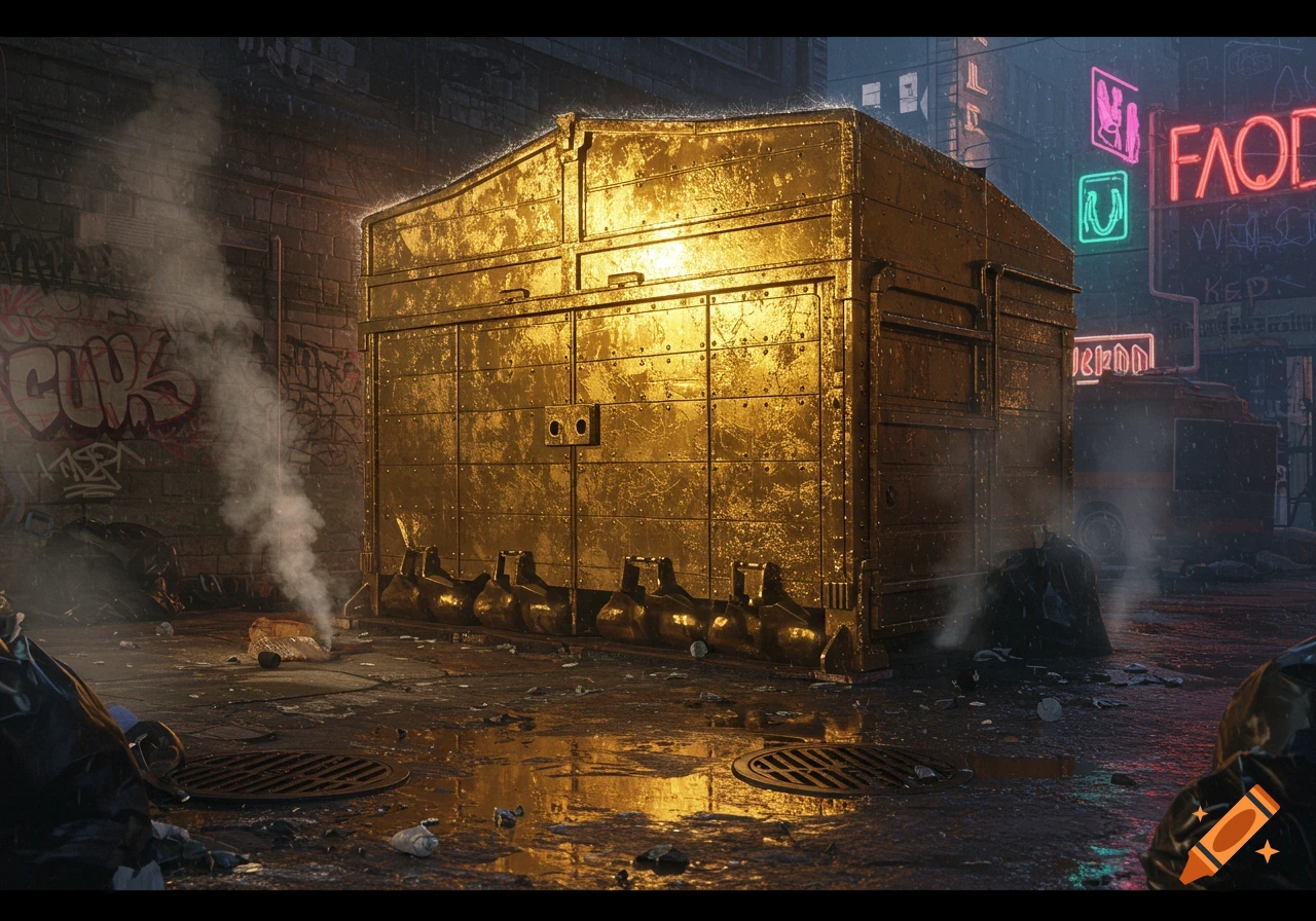 A large, dirty golden dumpster-like structure sits in a rainy, trash-strewn urban alley at night, lit by distant neon signs.
