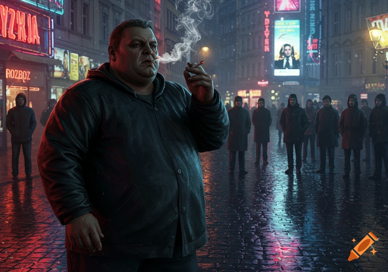 A heavy-set man smokes a cigarette on a wet, neon-lit city street at night, with figures in the background.