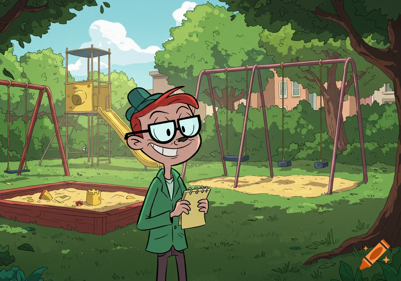 A grinning cartoon boy with red hair, glasses, and a green hat holds a notepad in a sunny playground with swings and a slide.