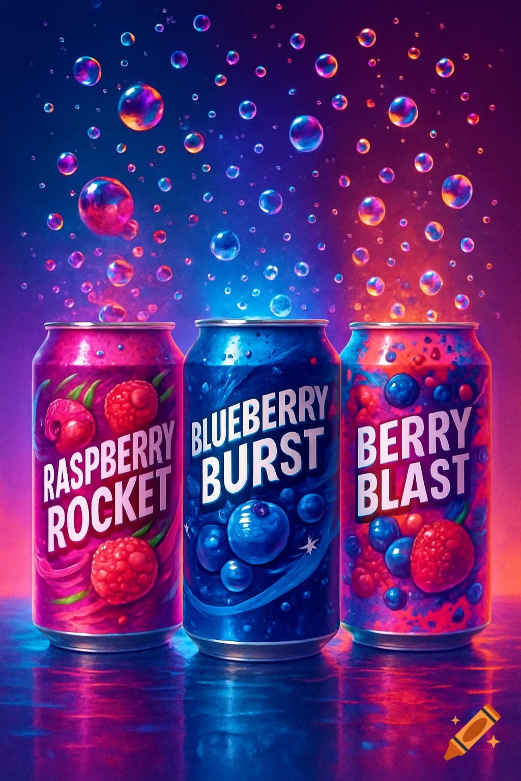 Three colorful fizzy drink cans, raspberry, blueberry, and berry, with floating bubbles against a vibrant gradient background.