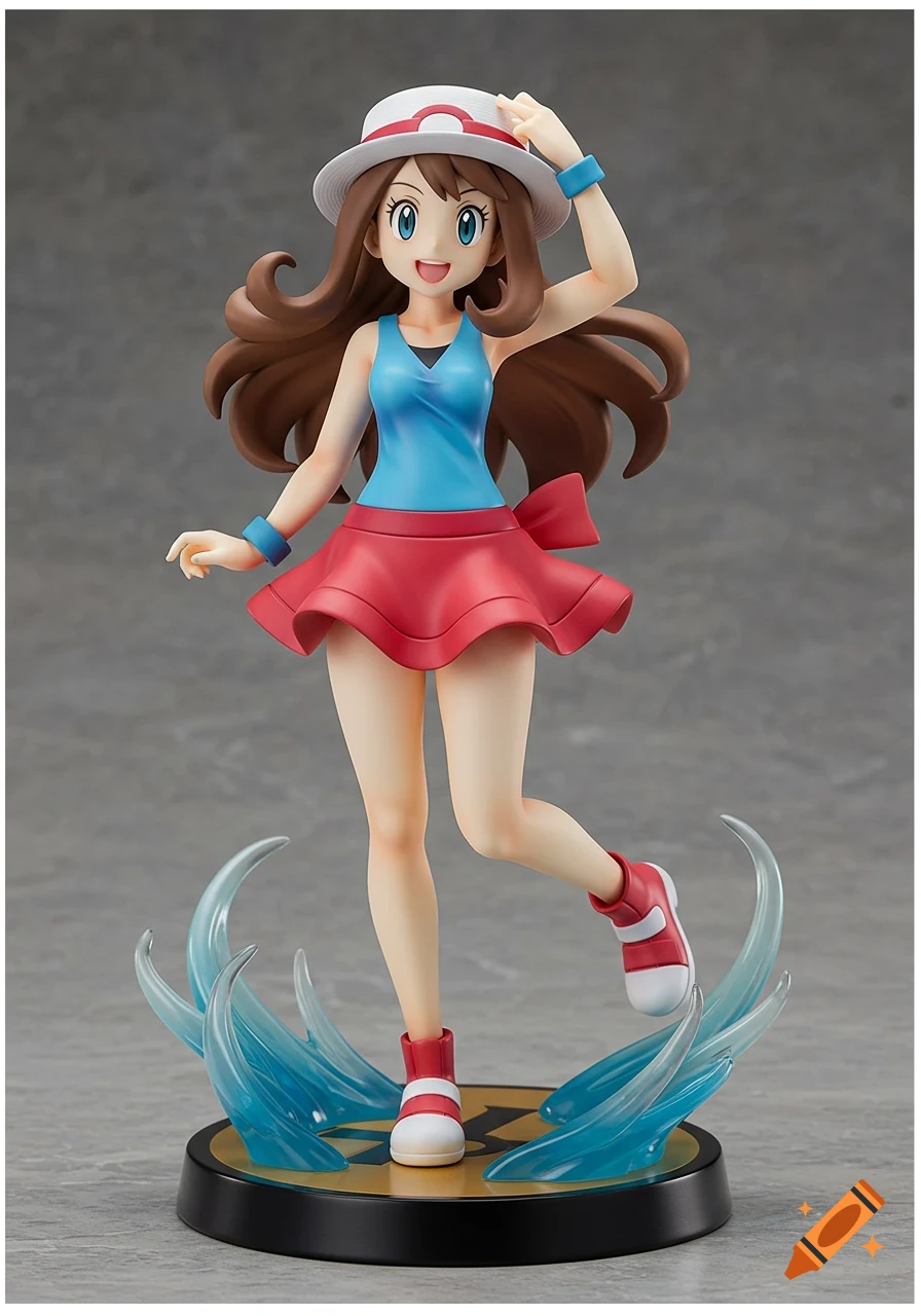 Plastic statue of a brown-haired female Pokémon trainer in a blue top, red skirt, and white hat on a circular base.