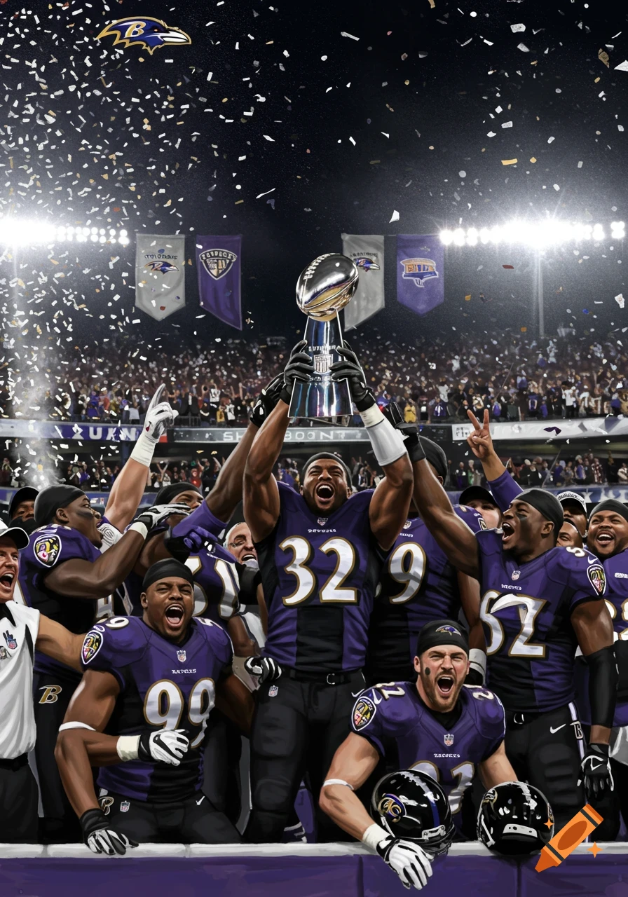 Ravens football team players cheer and hold up the Super Bowl trophy on a confetti-filled stadium field at night, celebrating their victory.