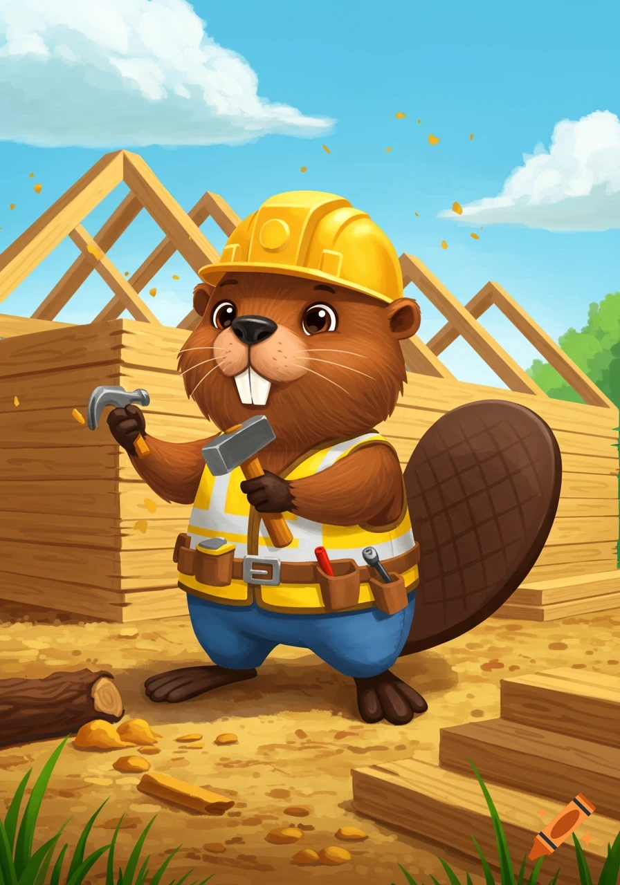 A cartoon beaver construction worker in a hard hat and toolbelt, holding a hammer and mallet at a building site.