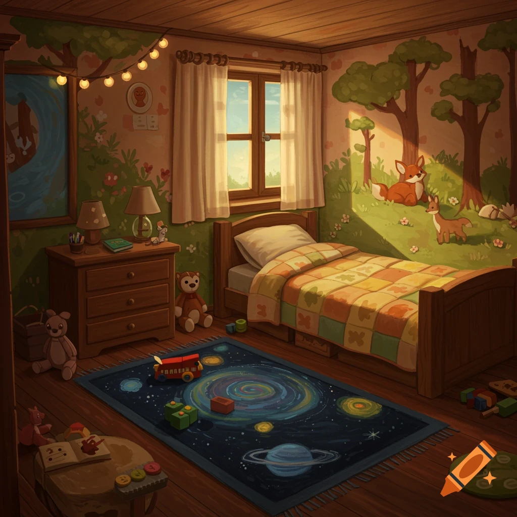 Cozy, warm illustration of a child's bedroom with a wooden bed, colorful quilt, space rug, nightstand, and forest wall murals with foxes.