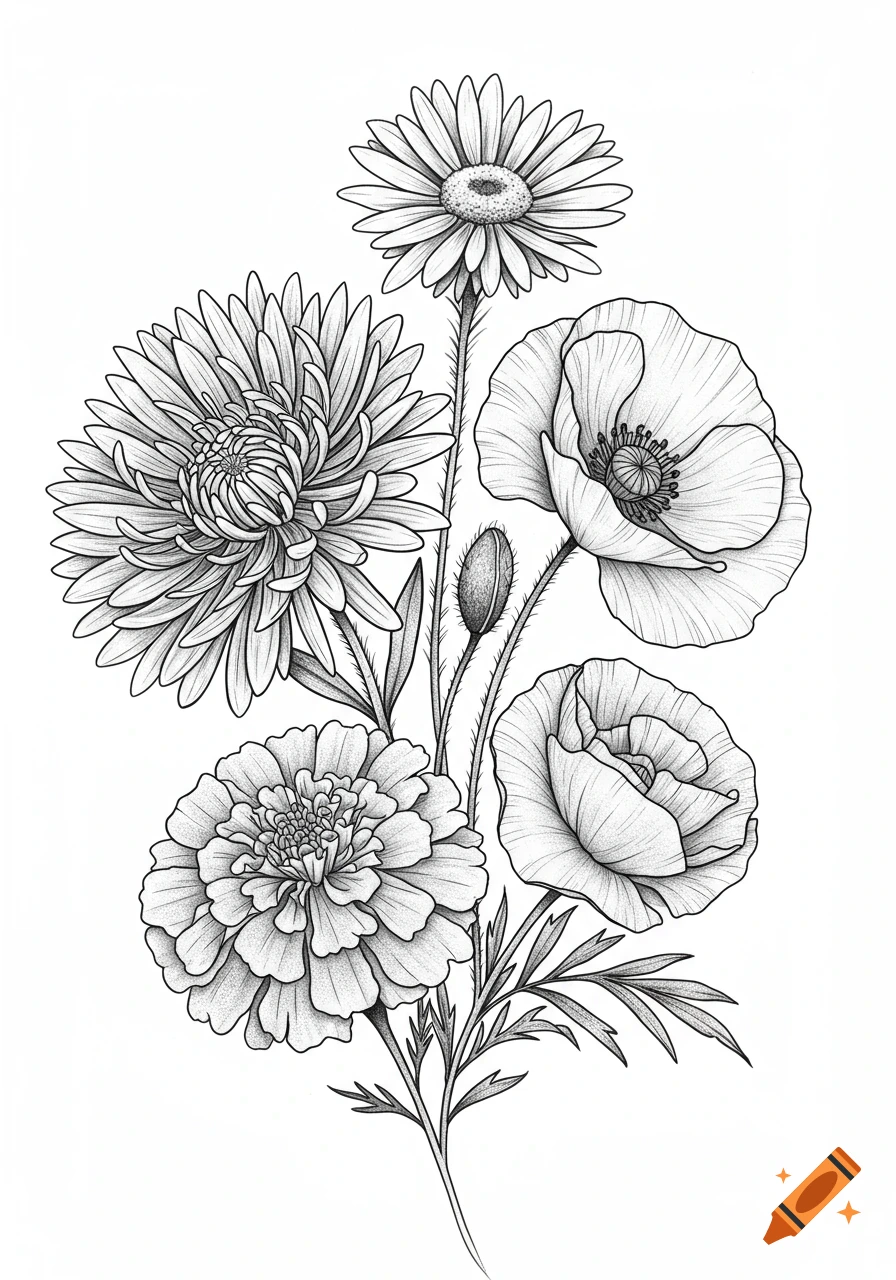 Fine line black and white drawing of a bouquet with an aster, poppies, and a marigold.
