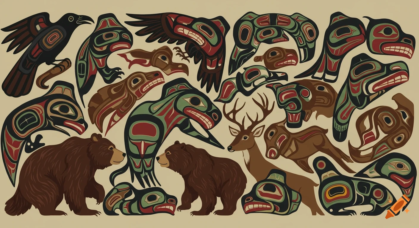 Abstract art with native Salish designs of ravens, wolves, bears, deer, eagles, and animal hybrids on a light background.