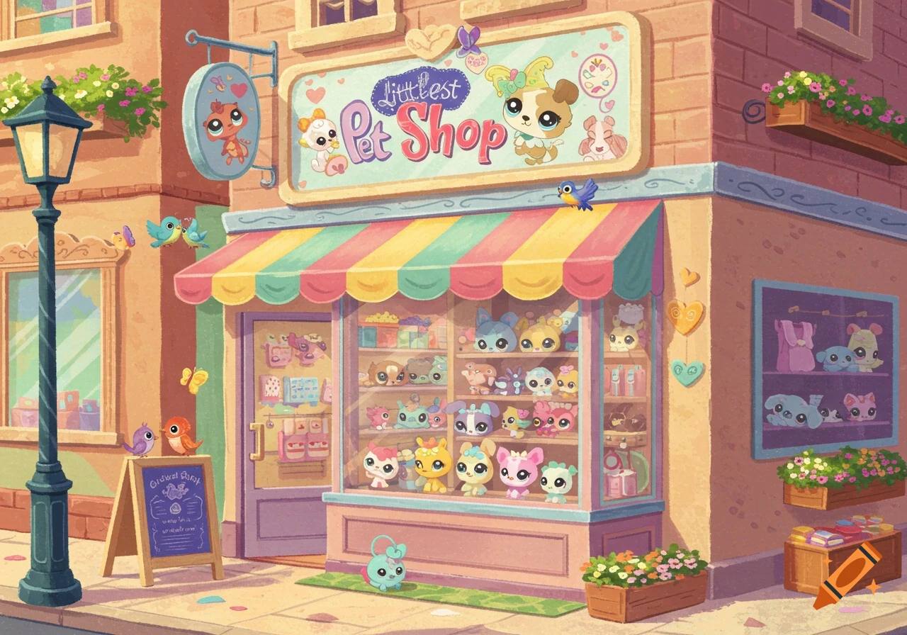 A whimsical, cartoon illustration of a colorful Littlest Pet Shop with a striped awning and various cute animal toys inside and around.