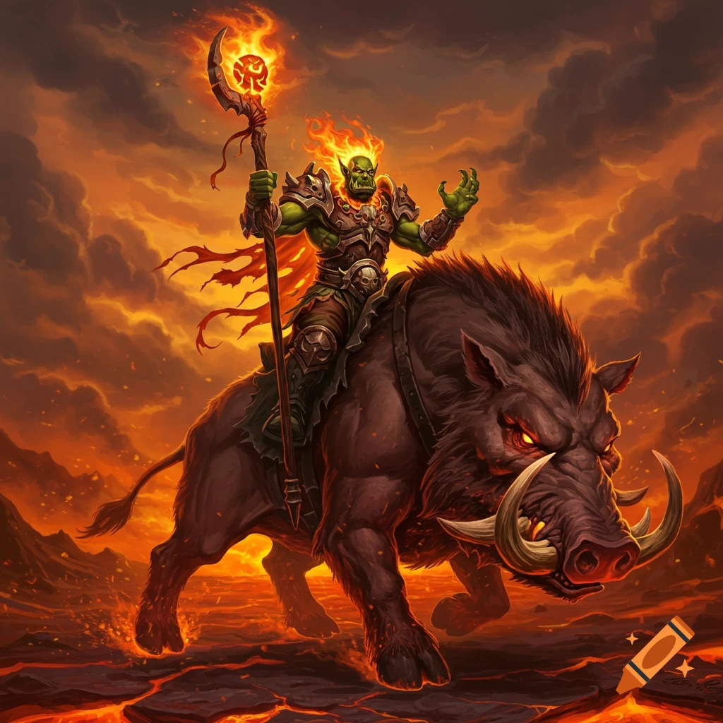 A green orc fire shaman with a flaming head and staff rides a fierce boar through a fiery, volcanic landscape.
