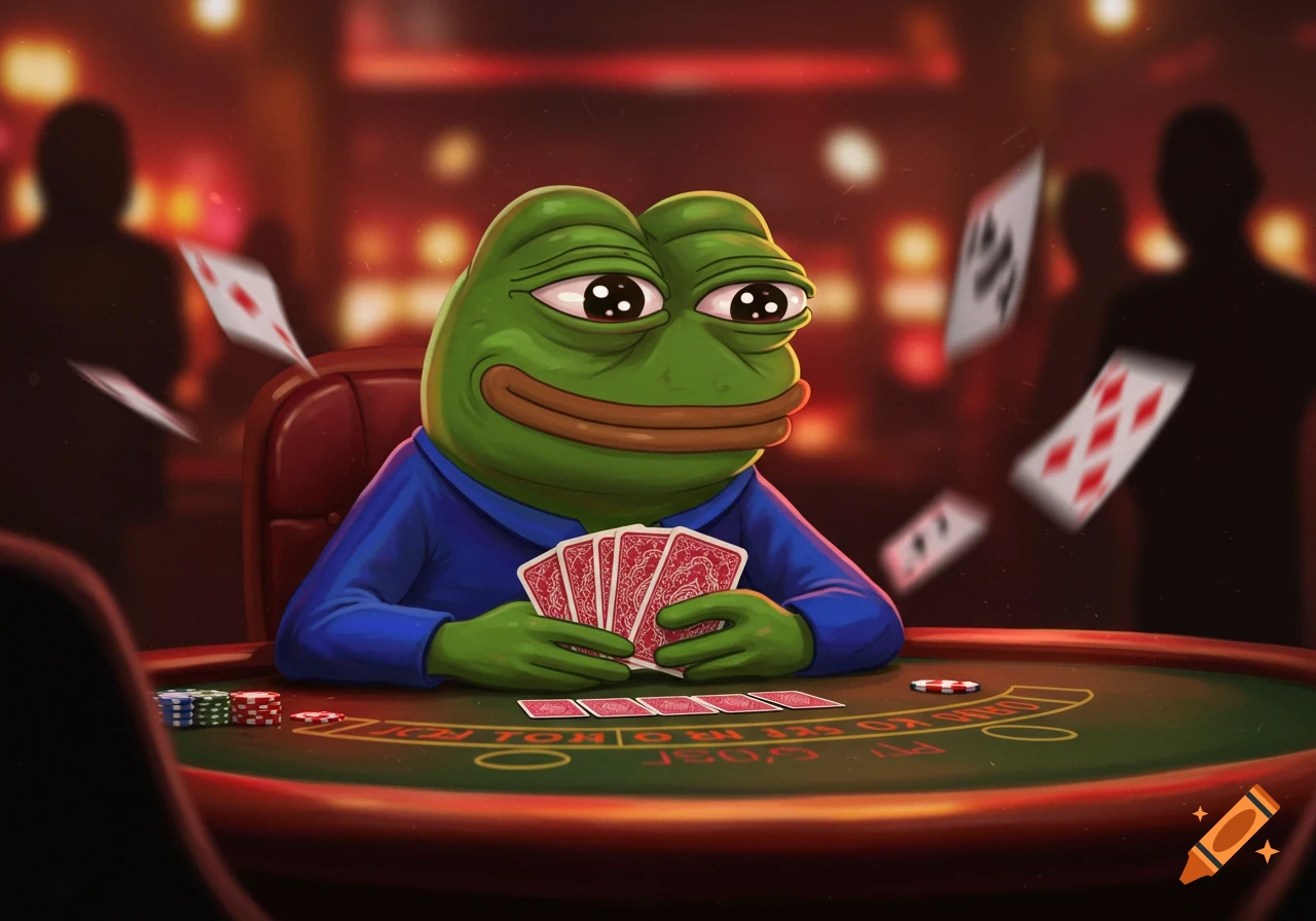 Pepe the Frog, with a slight smirk, plays cards at a blackjack table in a dimly lit casino, with playing cards flying in the background.