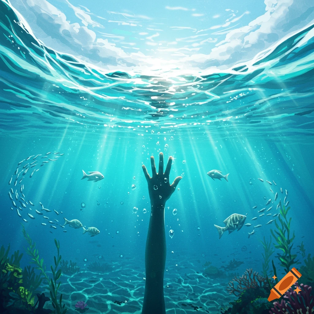 A dark hand reaches up from a vibrant blue underwater scene towards the light at the surface, surrounded by fish and coral.