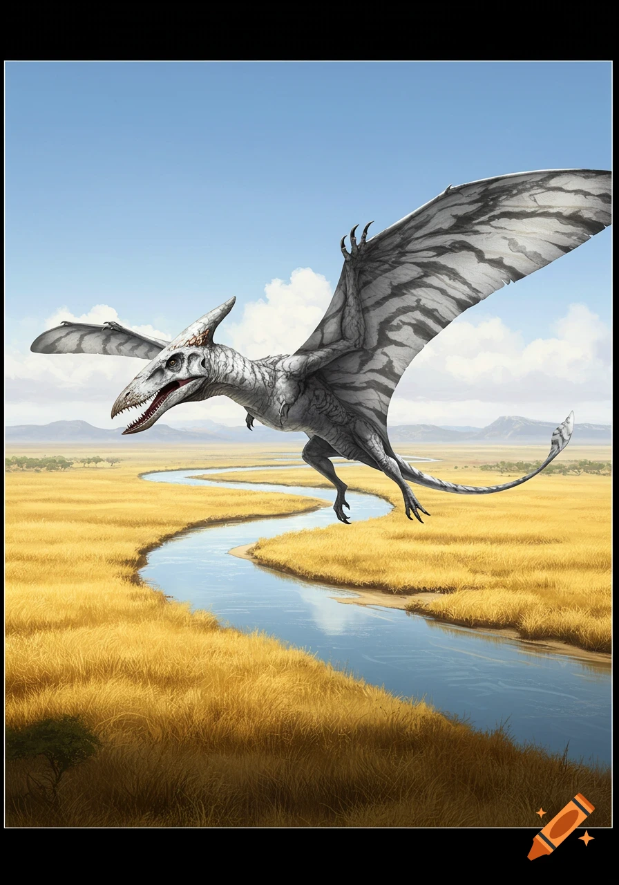 A gray and white pterodactyl with a T-Rex head and horn flies over a winding river in a golden savannah under a blue sky.