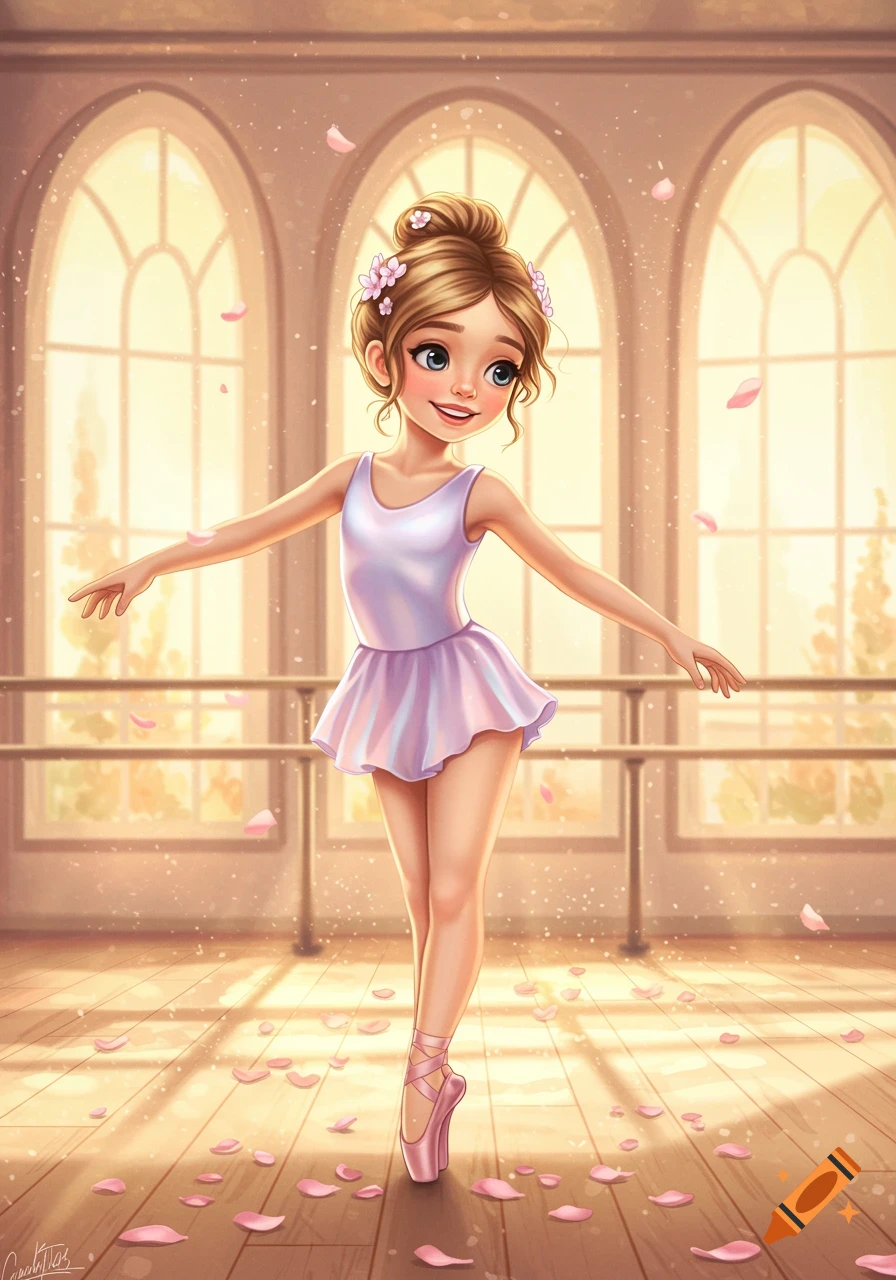 A smiling cartoon ballerina in a light purple leotard and skirt dances in a  sunlit studio with pink petals scattered on the wooden floor. on Craiyon, image size:896x1280