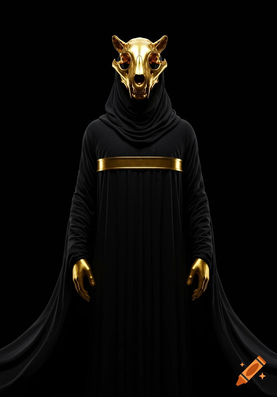 A stylized figure in black hooded robes, golden gloves, and a golden animal skull mask stands against a dark background.
