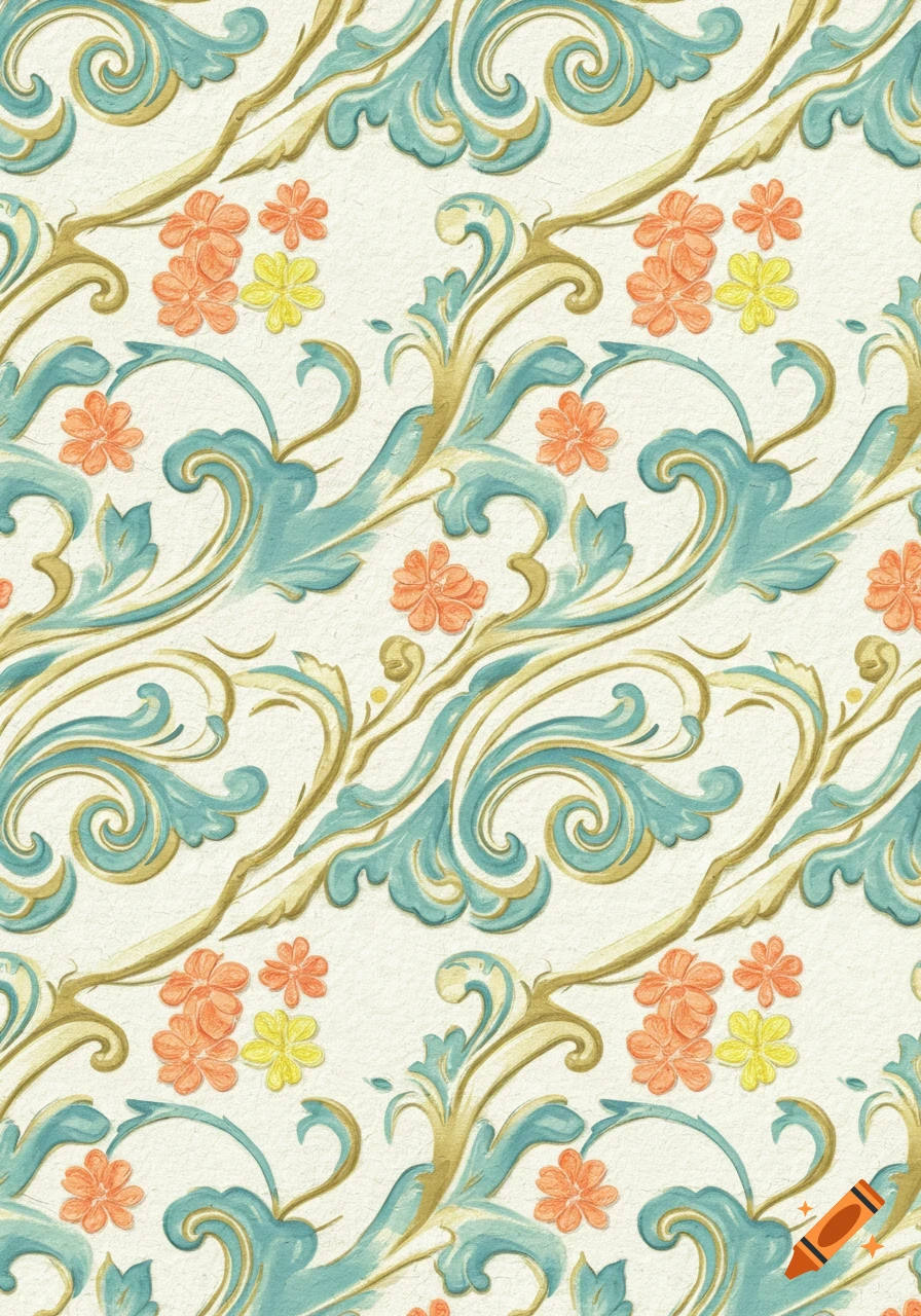 A seamless vintage pattern featuring teal and gold acanthus leaves and scrolls, with small orange and yellow flowers, on an off-white textured background.