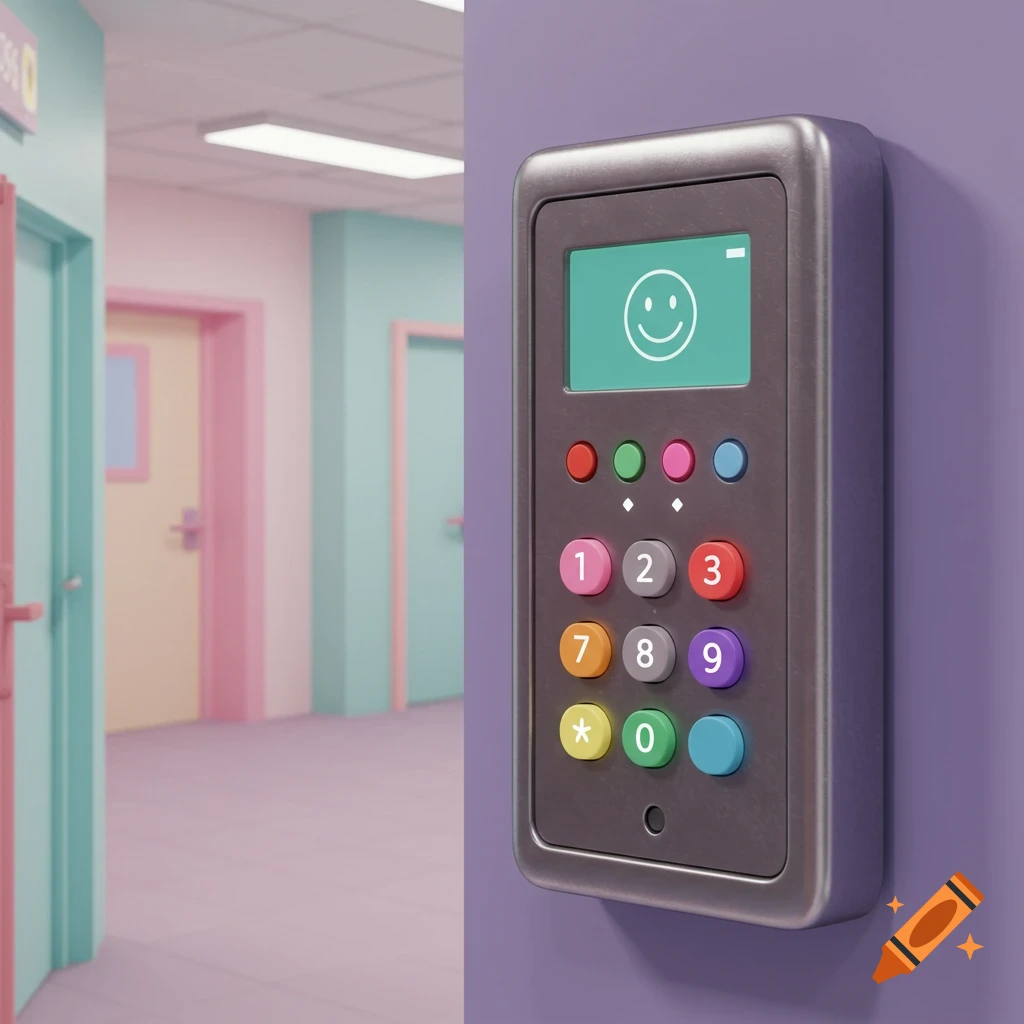 A colorful intercom key panel with a smiley face on the screen, mounted on a purple wall in a pastel-colored hallway, in a cartoon style.