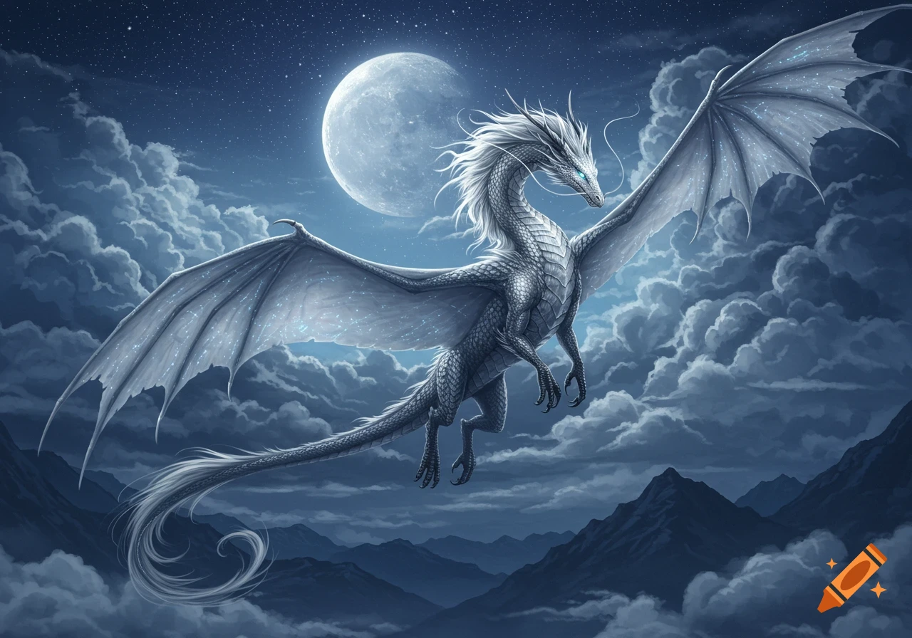 A majestic silver dragon with a flowing mane flies under a large full moon in a cloudy night sky above mountains.