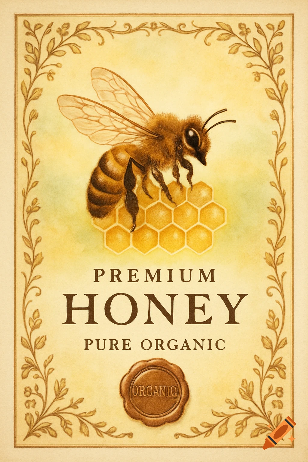 Vintage illustration of a honey label with a fuzzy bee on a honeycomb, a leafy border, and 'PREMIUM HONEY PURE ORGANIC' text.
