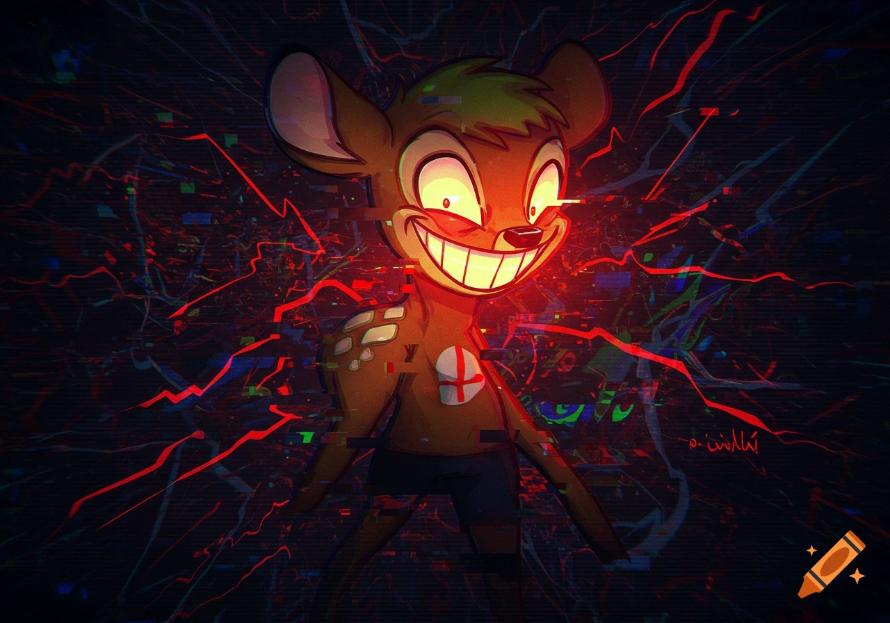 A menacing, cartoonish deer character with a wide, glowing grin and red eyes, surrounded by red and blue glitch art.