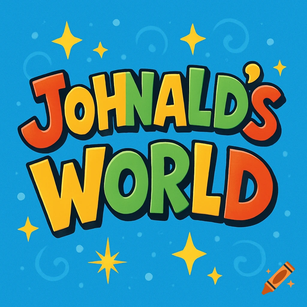 Colorful cartoon logo 'Johnald's World' with yellow stars and bubbles on a blue background.