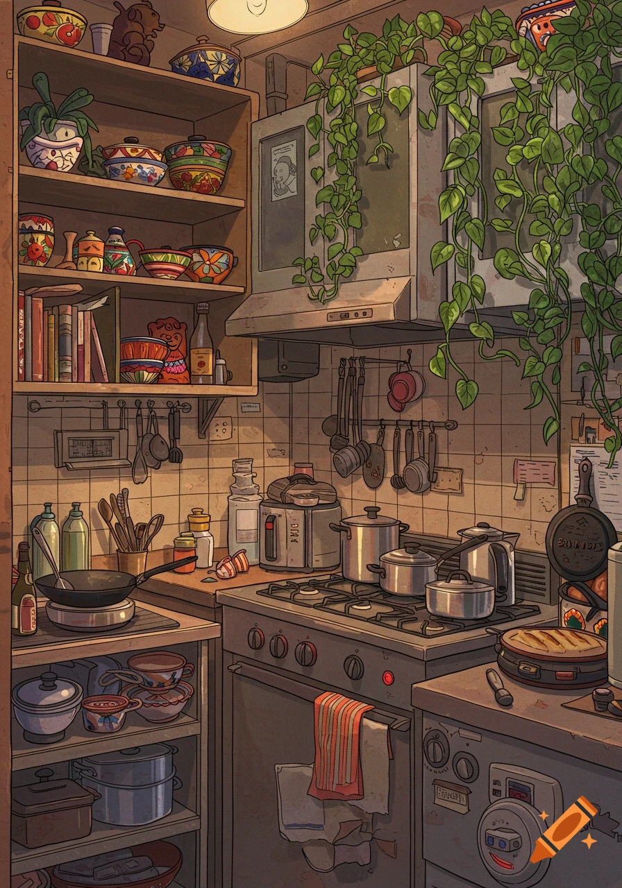 A cozy, cluttered apartment kitchen in an illustrated style, filled with pots, pans, colorful bowls, books, and hanging pothos plants.