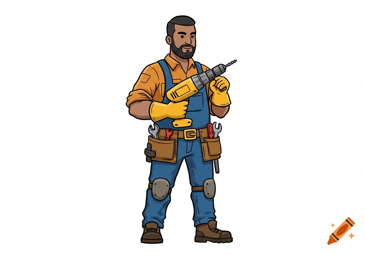 A vector cartoon of a South Asian handyman with a beard, wearing overalls, a tool belt, and knee pads, holding a yellow drill.