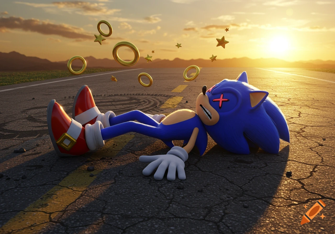 Cartoon Sonic the Hedgehog lying on an asphalt road with X eyes, tire marks, and scattered gold rings at sunset.