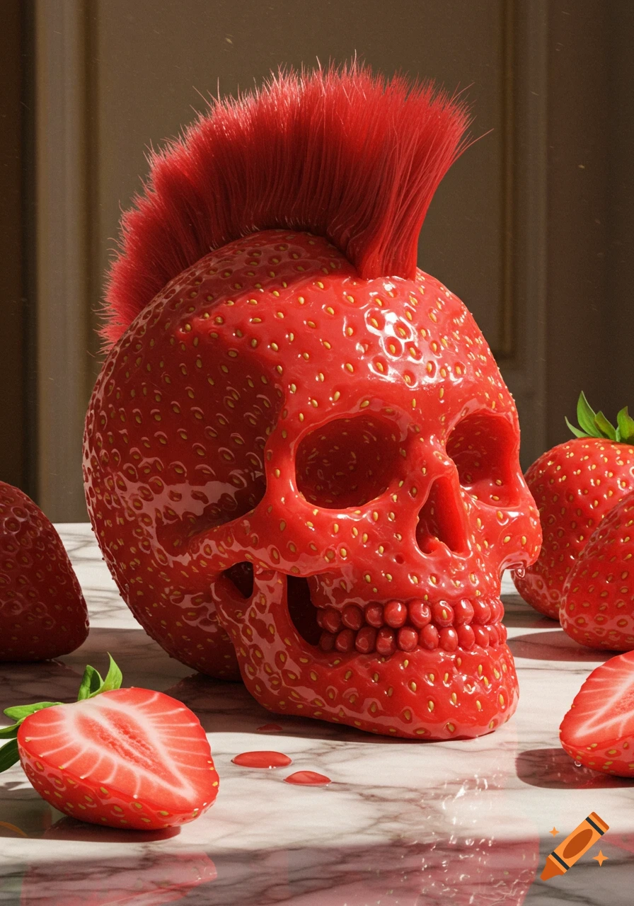 A photorealistic strawberry skull with a vibrant red mohawk, surrounded by halved and whole strawberries on a marble surface.