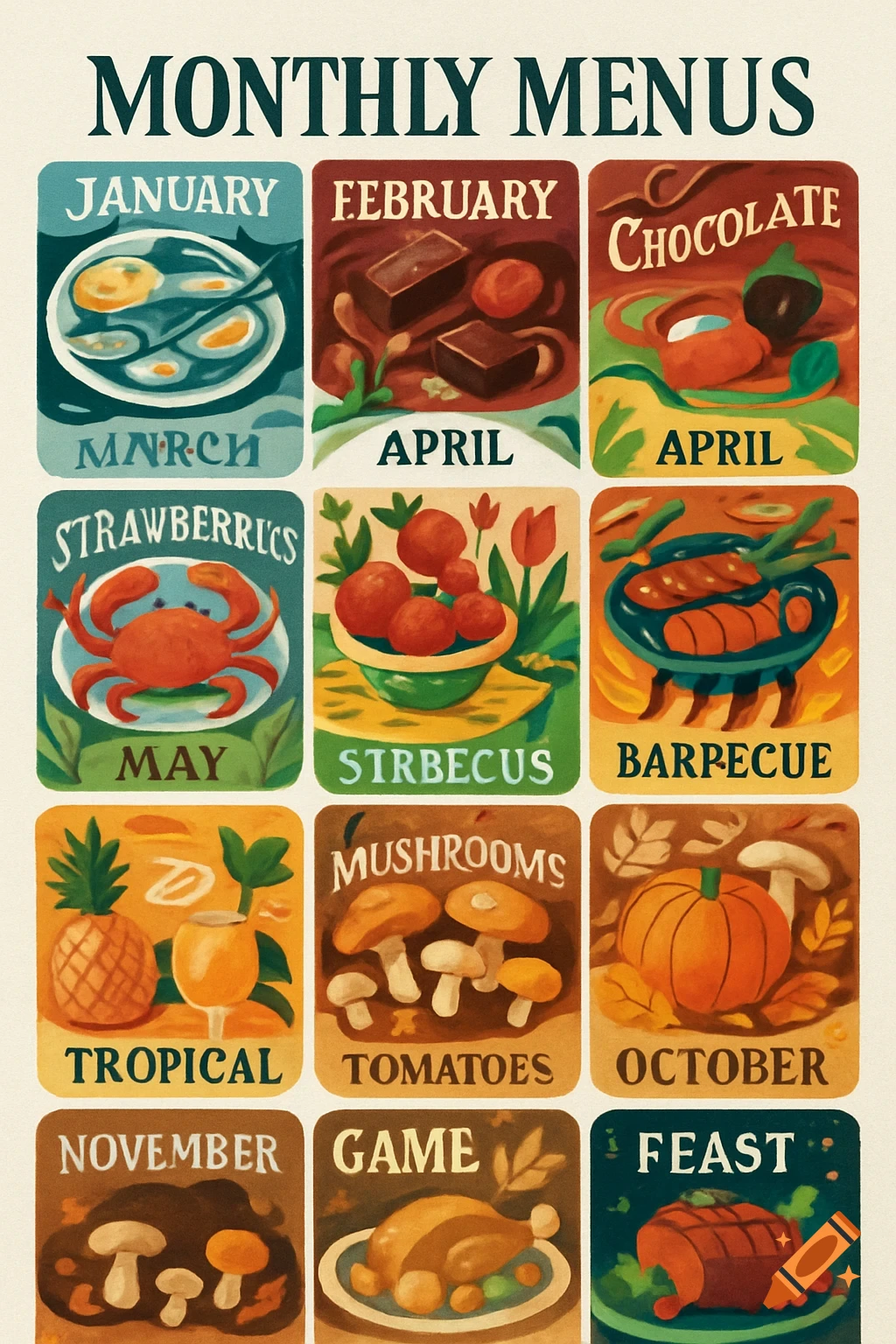 A colorful illustrative poster titled 'MONTHLY MENUS,' featuring twelve square panels, each representing a month with themed food items and a label, some with misspelled text.