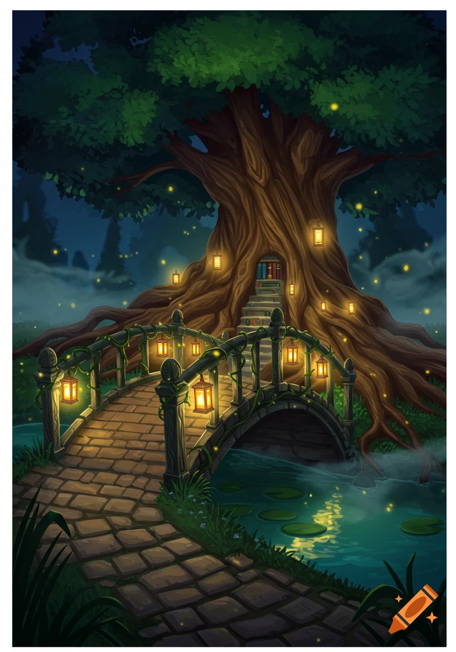 A whimsical, stylized illustration of a stone bridge with lanterns leading to a glowing treehouse at night, with fireflies.