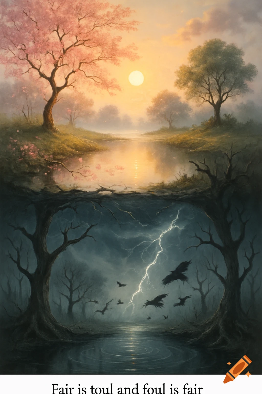 A split landscape, top half showing a peaceful spring scene with a cherry tree and golden sunset over a lake, bottom half depicting a stormy, dark scene with bare trees, lightning, and crows over dark water.