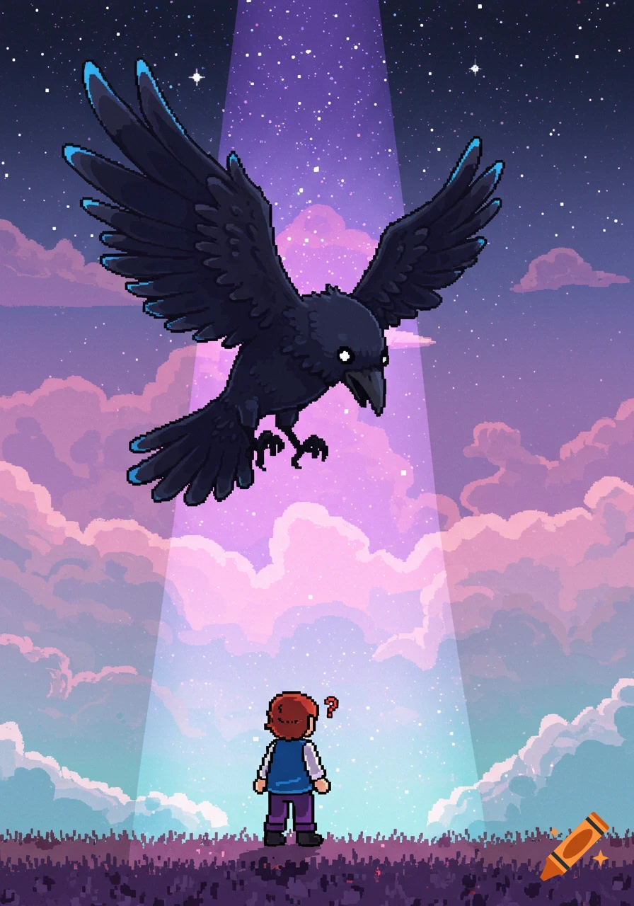 Pixel art of a small person looking up at a giant black crow hovering under a starry, purple sky.