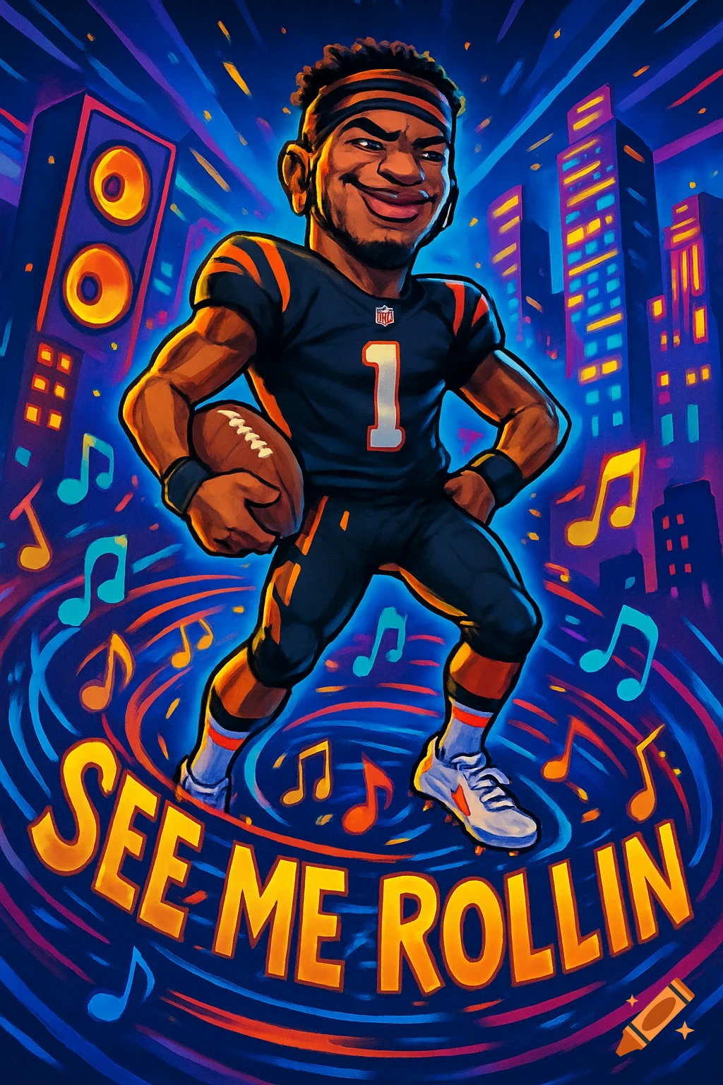 Cartoon football player holding a ball, surrounded by music notes in a neon city, with 'SEE ME ROLLIN' text.