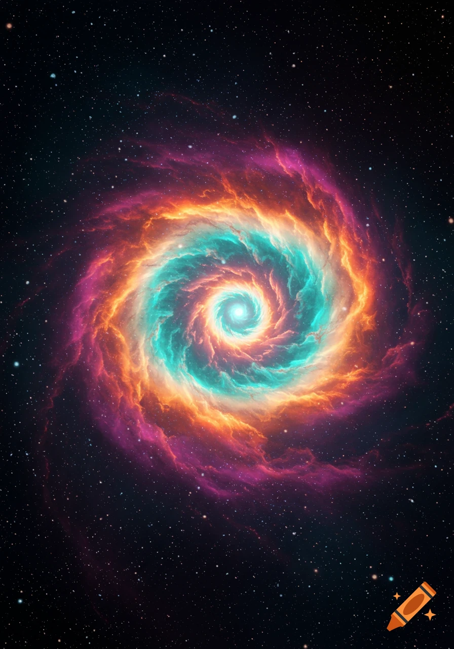 A vibrant spiral nebula with turquoise, orange, and purple clouds against a dark, star-filled space.