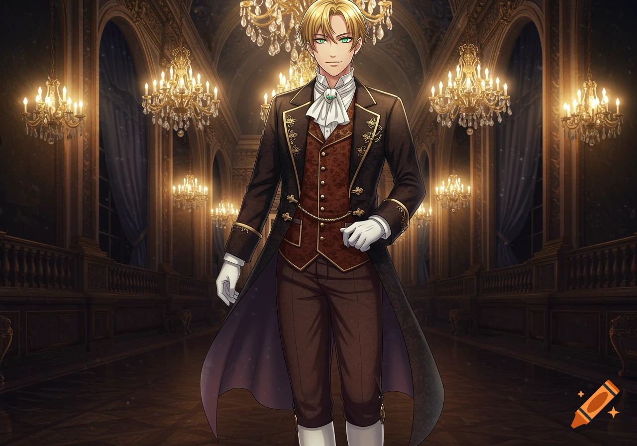 An anime-style dashing prince with golden hair and green eyes in a brown Victorian suit stands in an ornate ballroom.