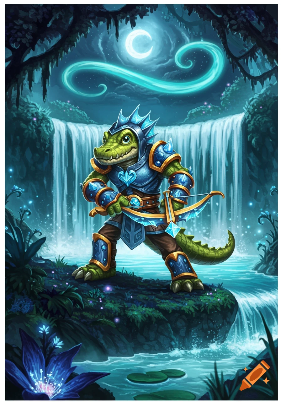 A stylized armored alligator character with a crossbow stands by a waterfall in an enchanted forest under a crescent moon.