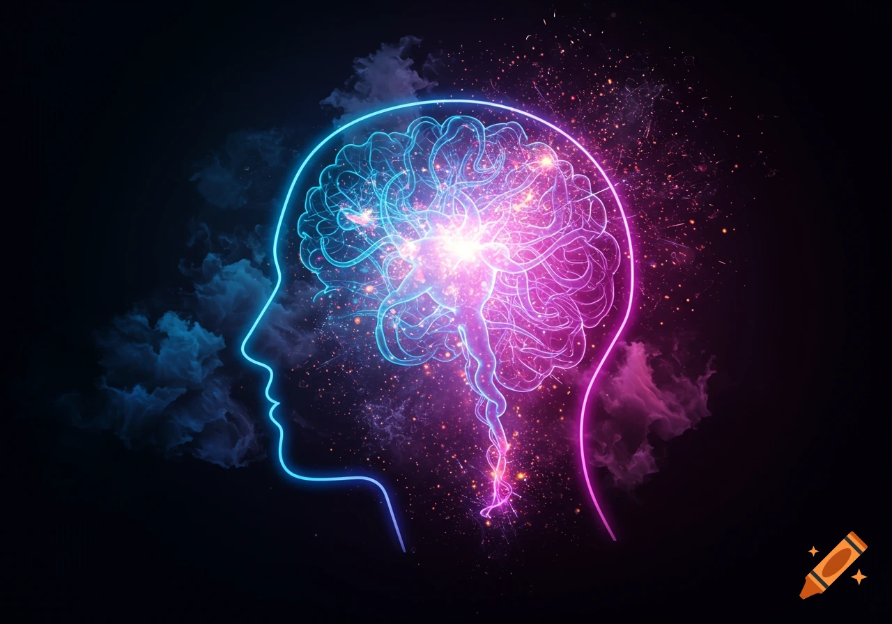 Neon blue and pink glowing human head outline with a luminous, energetic brain on a dark cosmic background.