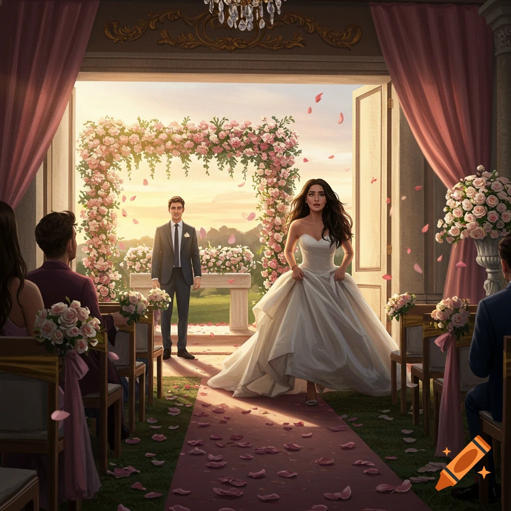 Stylized illustration of a distressed bride fleeing her outdoor wedding, leaving the groom standing at the flower-covered altar.