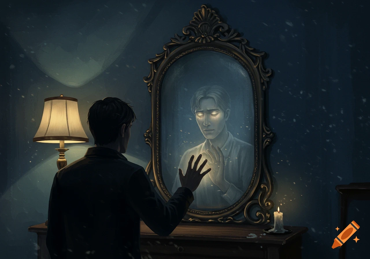 An illustration of a man in a dark room reaching out to a mirror, seeing his reflection with glowing eyes and hands.