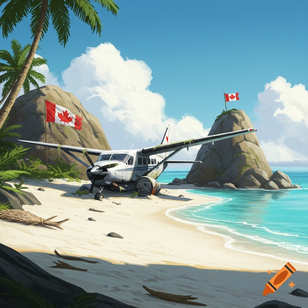 Stylized illustration of a crashed Cessna caravan on a sandy tropical beach with palm trees and Canadian flags.