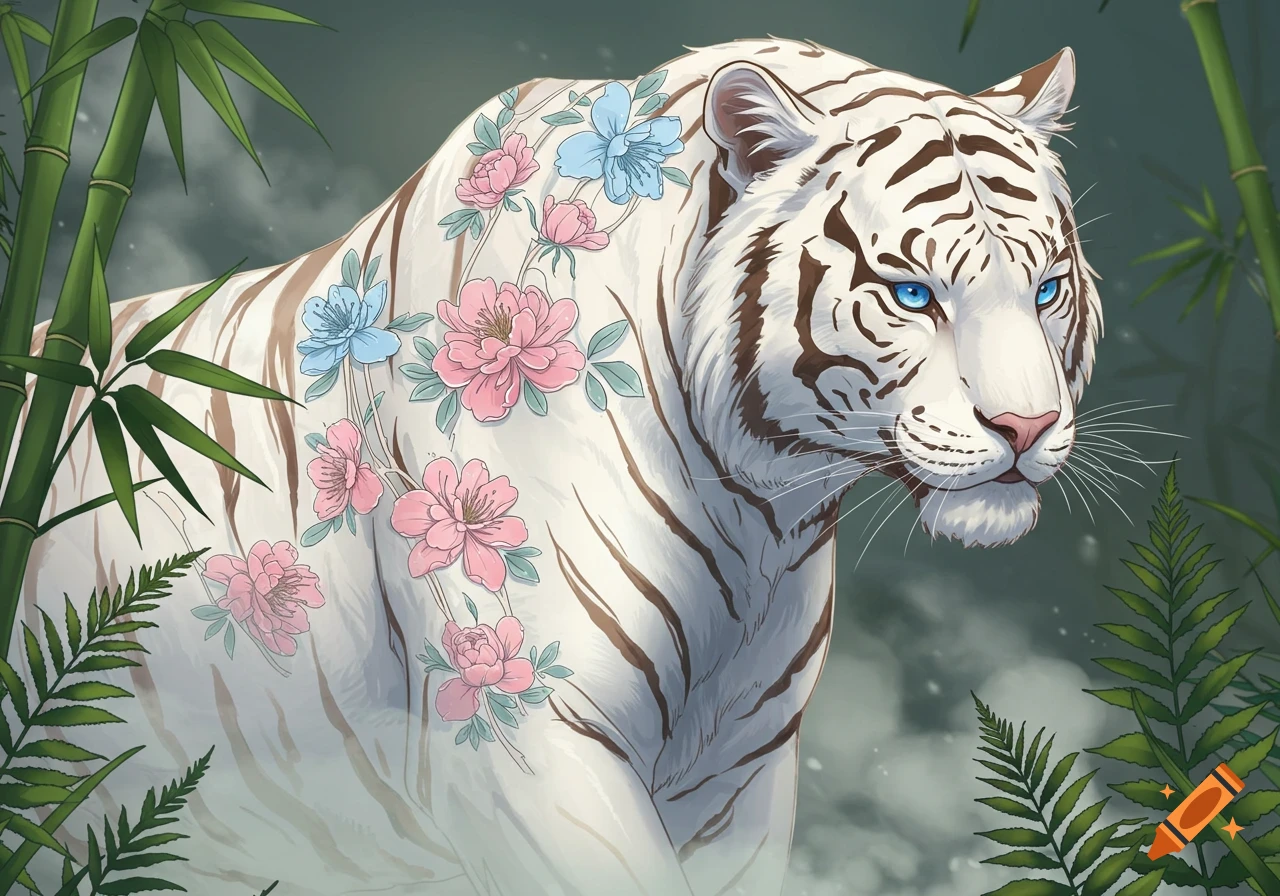 Illustrated white tiger with striking blue eyes and brown stripes, adorned with pink and blue floral patterns, surrounded by bamboo and ferns.
