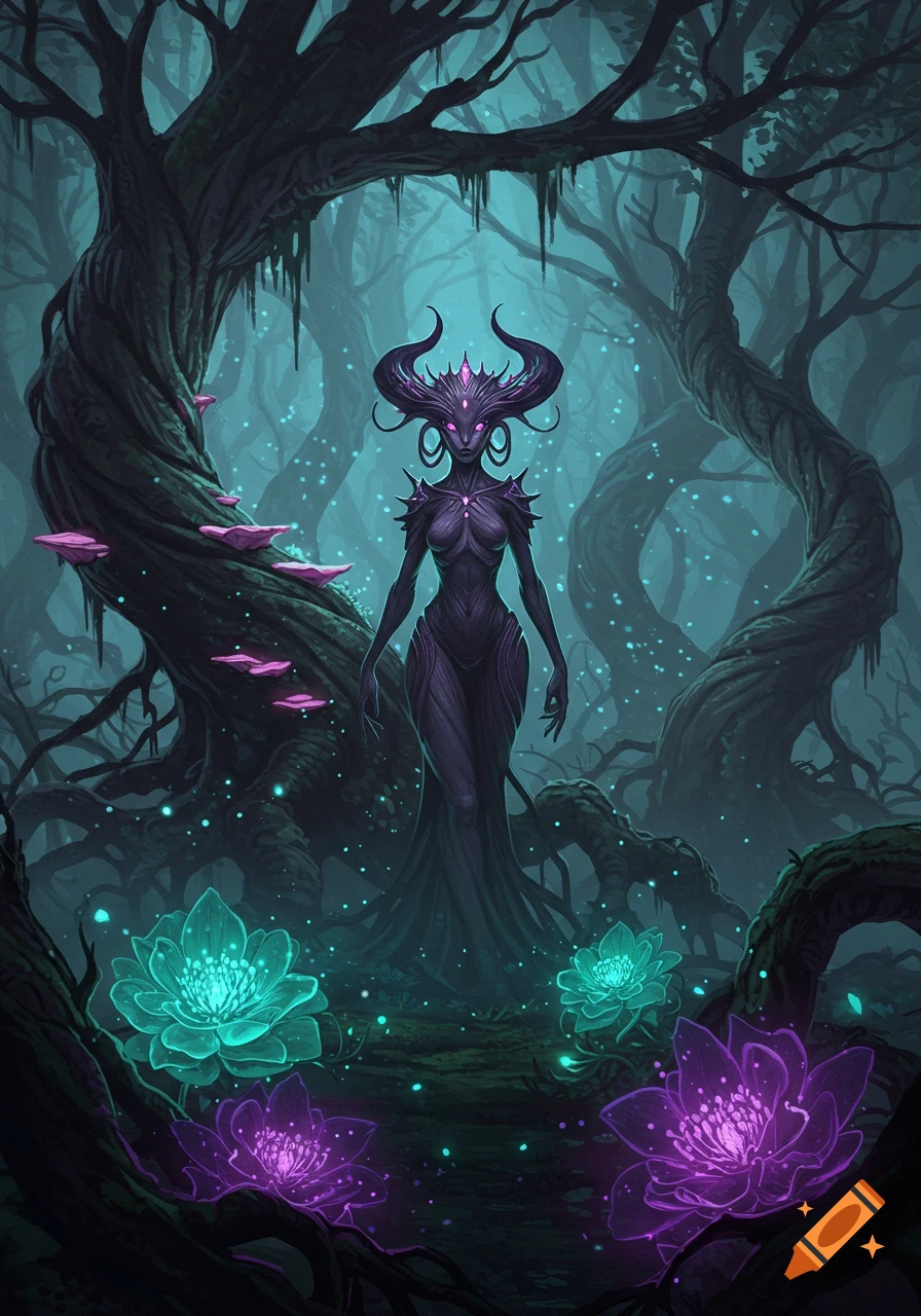 A horned, purple alien goddess stands in an eerie, bioluminescent forest with glowing teal and purple flowers and particles.
