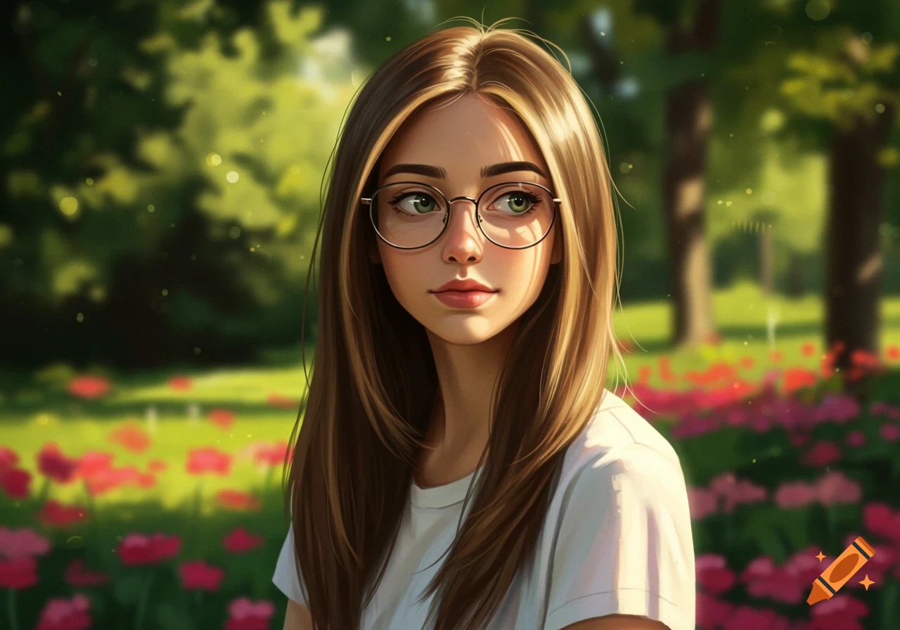 A digital painting of a young woman with long brown hair and glasses, looking to the side, against a blurry green and pink floral park background.